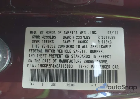 2011 Honda Accord 2.4 Lx-P from USA, damaged, VIN 1HGCP2F4XBA115993